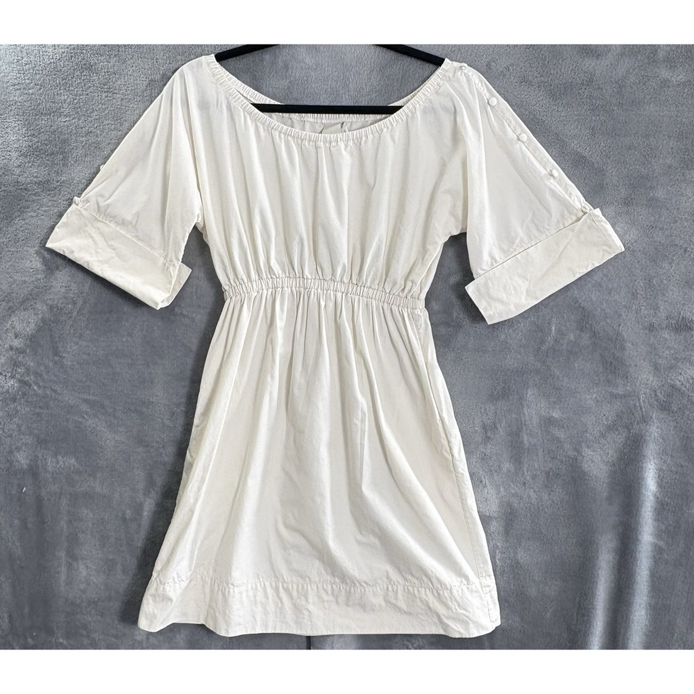 MALIA MILLS Women Short Sleeve‎ Button Smocked Mini Dress Sz 2 Ivory Casual 45-6